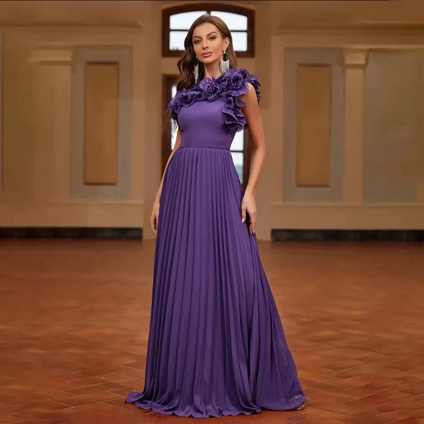 

Женское фиолетовое вечернее платье с рюшами и цветочной аппликацией на плечах, свадебное, вечернее платье для выпускного вечера для особых случаев