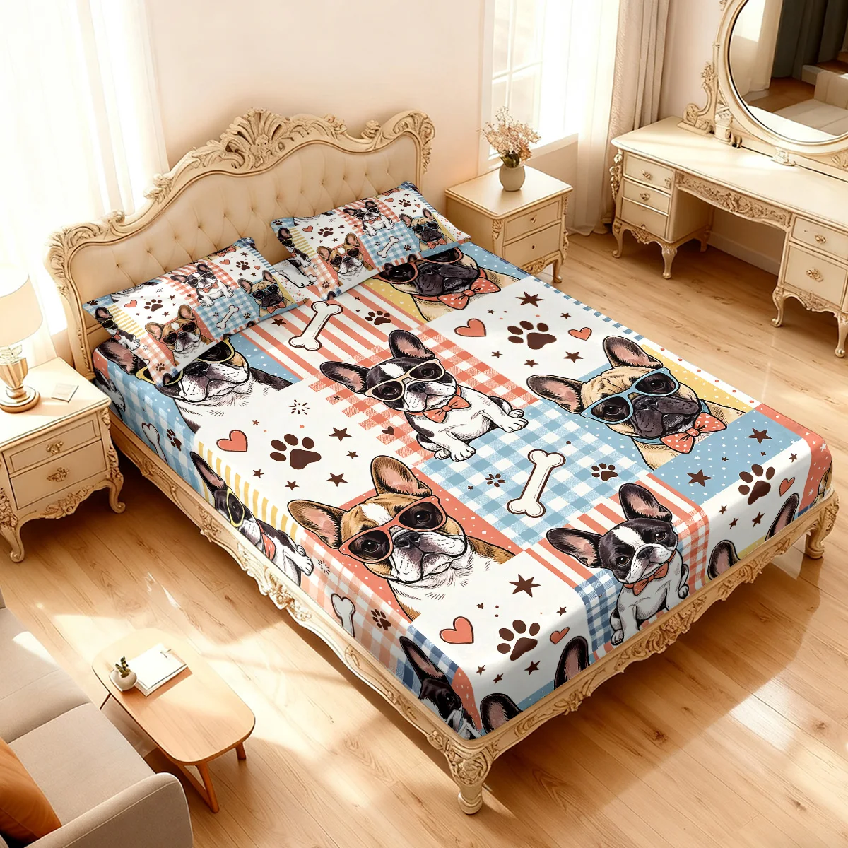 3pcs French Bulldog Printed Coreless Bed Sheet Set Multiple Sizes Soft Bed Covers Bedroom Bedding Decorations, Machine Washable