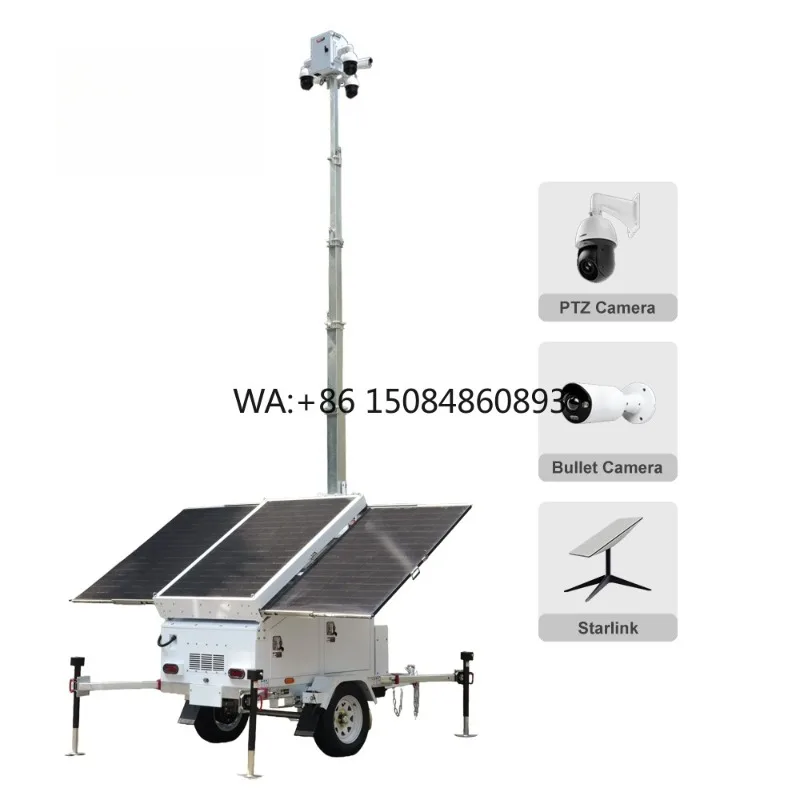Outdoor Hybrid Solar Safety Trailer Auto Start Generator 50L Fuel Tank Stable Construction Site Protection Device