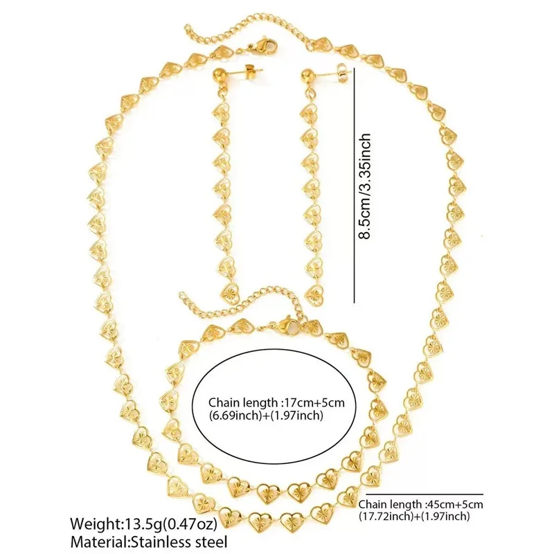 EILIECK 316L Edelstahl Kreatives Herz-Halsketten-Armband-Ohrringe-Set Modischer Goldfarbener Wasserdichter Schmuck für Frauen und Mädchen – Detail 7