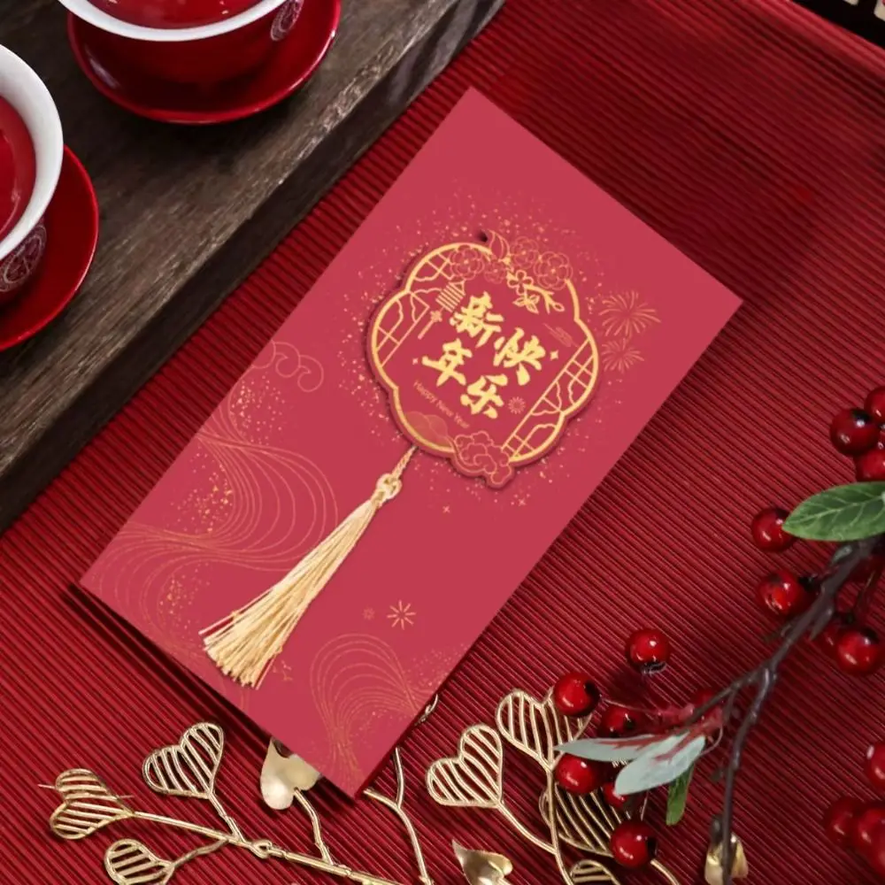 Hot Stamping Chinese New Year Greeting Card Rectangular Chinese Style Party Invitation Cards with Tassel