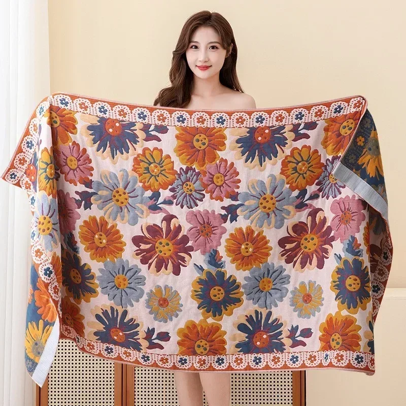 Nordic Country Flowers Bath Towel for Adult Cotton Gauze Spring Summer Soft Bathroom Towel Absorbent Quick Dry Super Wrap Woman