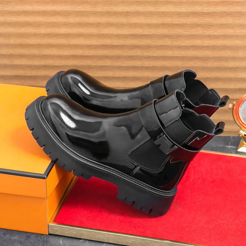 S63da74c53b37410b954dbff45f668d4eA Classic Black Patent Leather Chelsea Boots for Men with Side Zipper