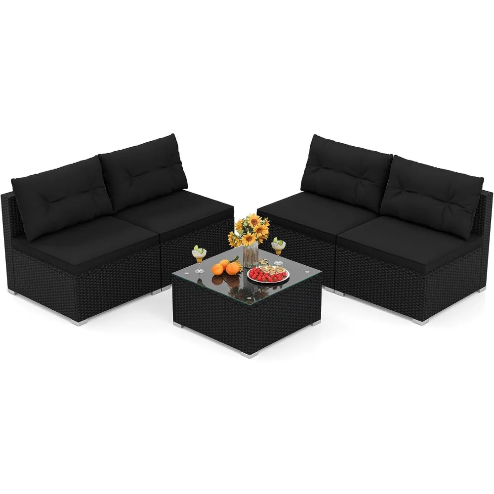 

5-piece courtyard furniture set, outdoor willow conversation set with mat, glass coffee table, courtyard rattan section