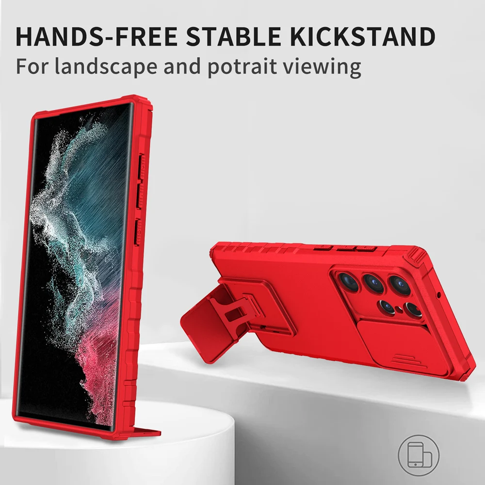 Shockproof Case for Samsung S23 Ultra 5G S22+ S21 FE Slide Camera Lens Protection Stand Phone Cover for Galaxy Note 20 image 3