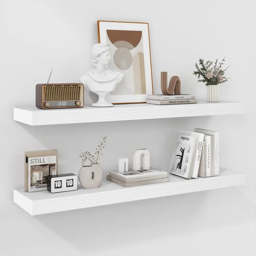

36 Inch Floating Shelves - Deep Rustic White Wooden Wall Shelves - Extra Deeper & Thicker Wall Mounted Storage Shelf for Bedroom