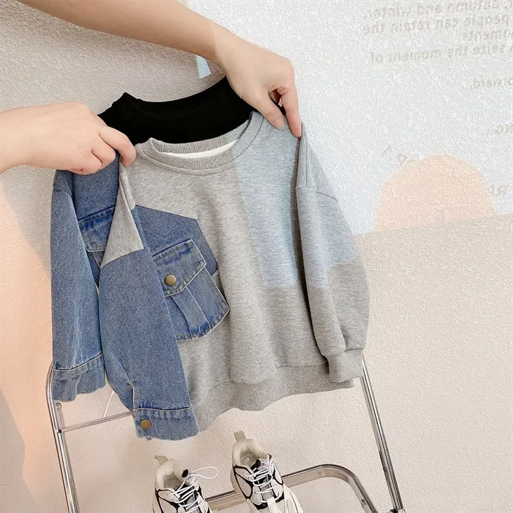 

Boys Denim Sweatshirt Kids Stitching Sleeved Loose Sweater 2023 Spring Autumn Children's Street Style Casual Hoodies Clothes