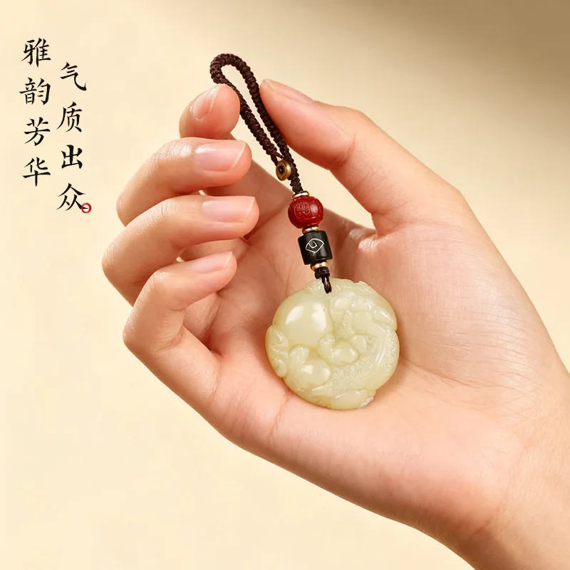 2026 Chinese Style Natural Hetian Jade Pixiu Holding Ball Key Chain Sandalwood Auspicious Cloud Barrel Bead Cinnabar Pendant For