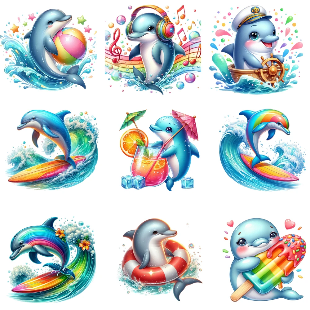 15cm Cool Summer Holiday Dolphin Surfing Swiming HDiy DTF Heat Transfer Sticker T-shirt Clothes Decals Iron On Transfer Stickers