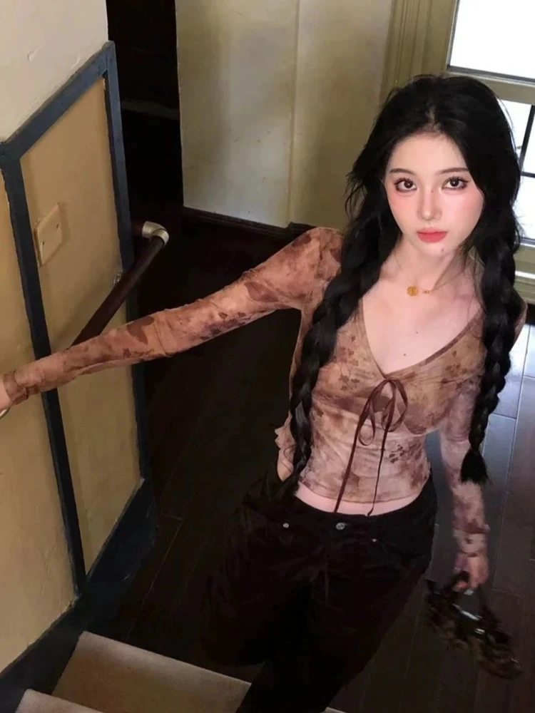 Chic Autumn Sexy Style V-Neck Strap Dyed Long Tee Women Printed Fitted Gathered Waist Sheer Mesh Top