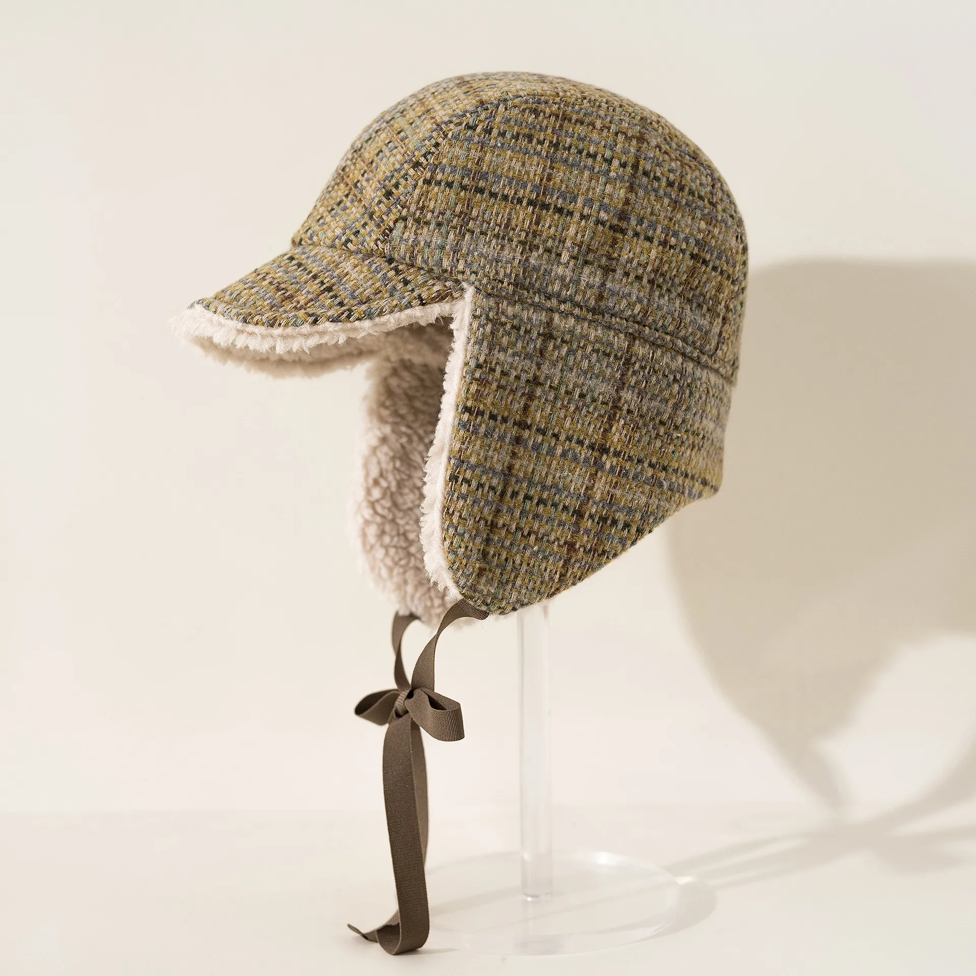 Retro Checkered Double-sided Wear Lei Feng Hat Thickened Warm Ear-protecting Ski Flight Cap for Women Multi-functional Cycling H