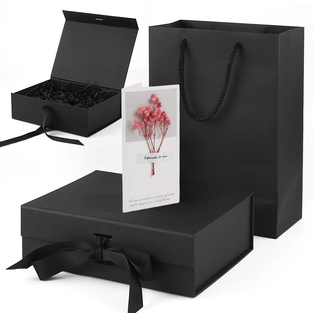 Caja de regalo plegable magnética 4 en 1, 26x17x11CM, bolsa de 32x25x13CM papel de rafia + 20g + tarjetas de felicitación de flores secas (9x16CM)