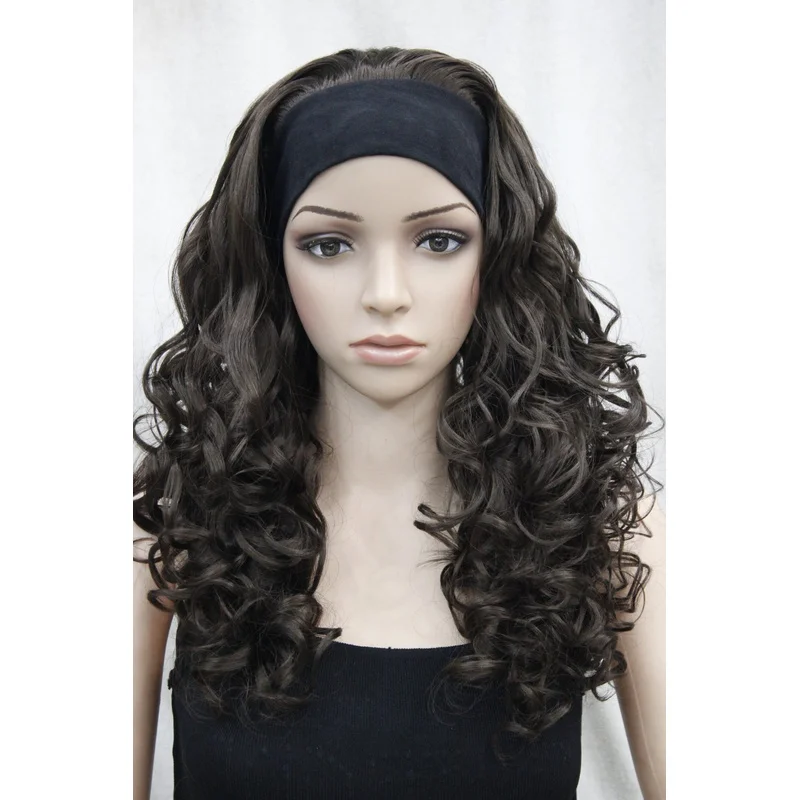 

Новый сексуальный милый коричневый 3/4 с повязкой на голову, вьющийся длинный женский синтетический полупарик