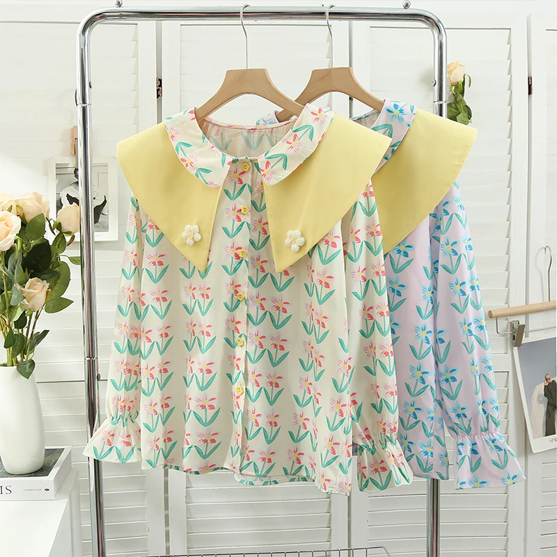 Women Sweet Double Layer Doll Neck Long - sleeved Shirt 2023 Spring New Cute Color Contrast Loose Shirt Flower Print Top