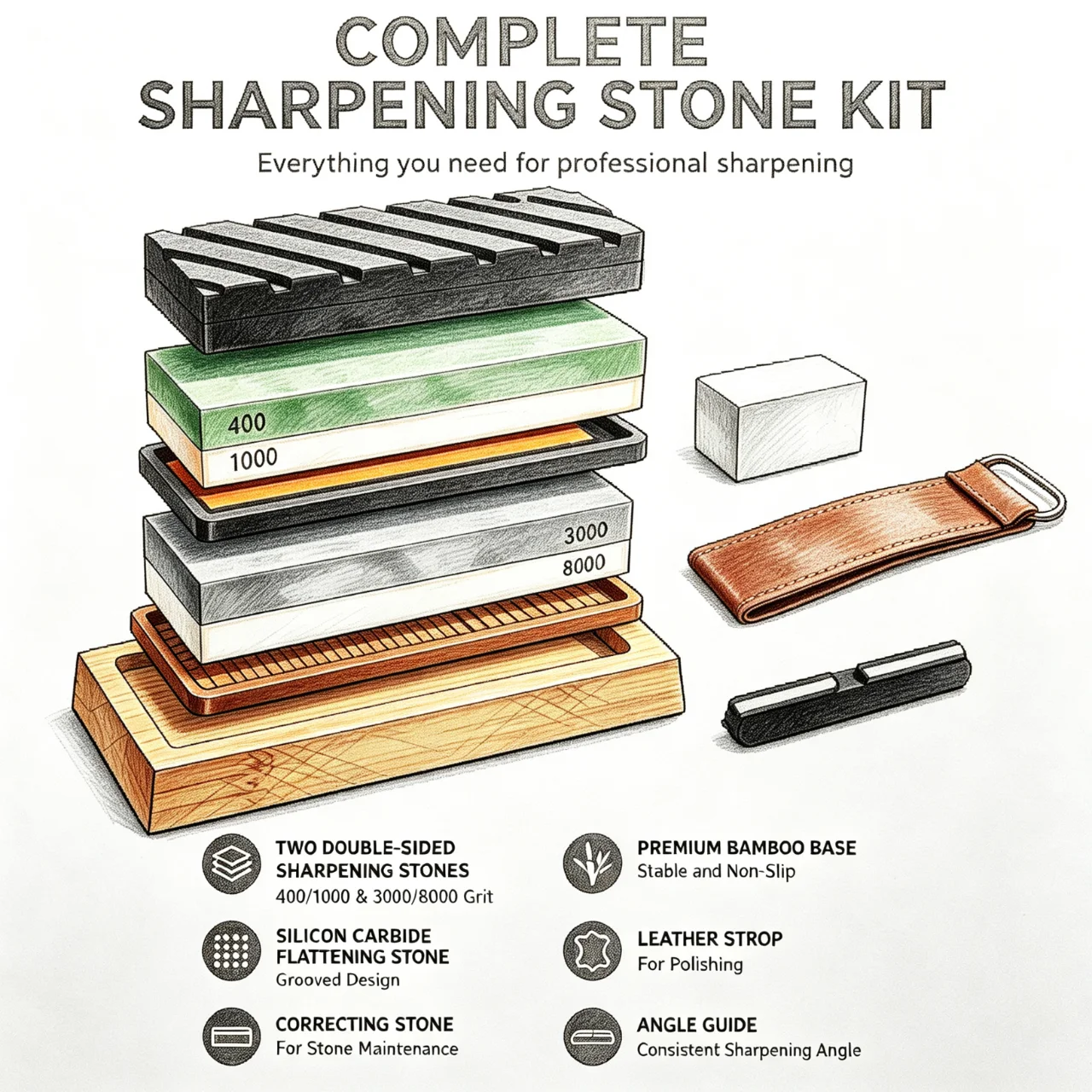 Complete Knife Sharpening Stone Set Dual Grit Whetstone 400 1000 3000 8000 Professional Knife Sharpener Kit with Leather Strop Flattening Stone Bamboo Base Angle Guide for Kitchen Chef Pocket Outdoor Knives