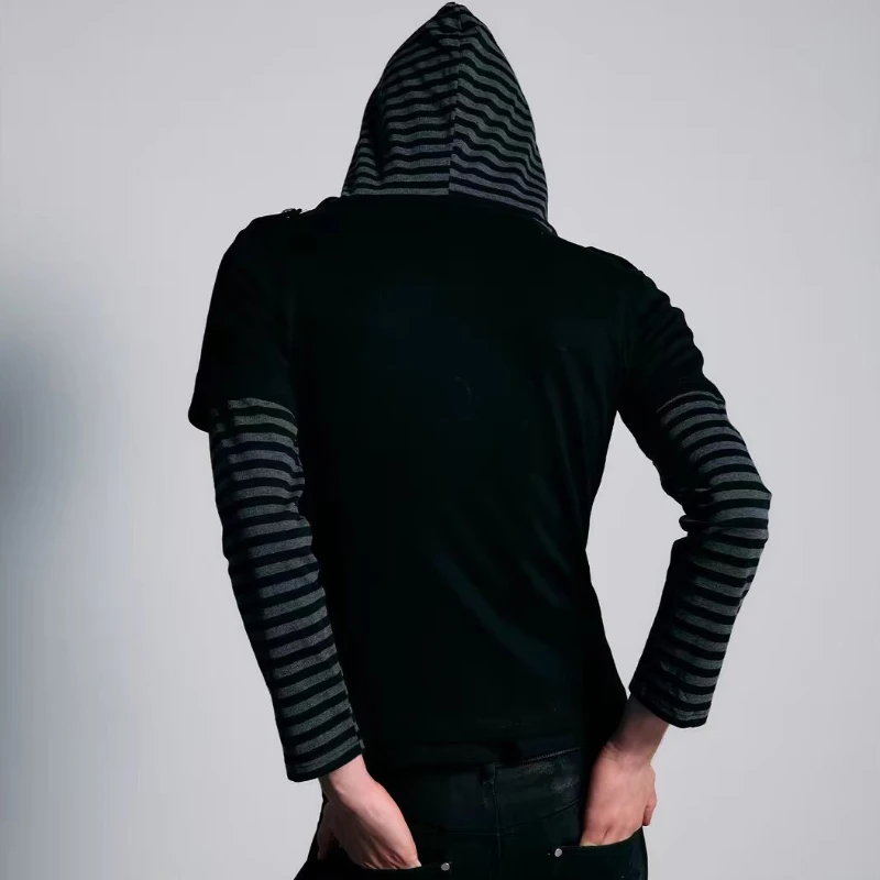 Unisex Black Striped Sleeve Hoodie Zip Up Faux Two Piece Napoleon Button Slim Fit Streetwear Alt Grunge Punk Edgy Y2K Aesthetic - view 3