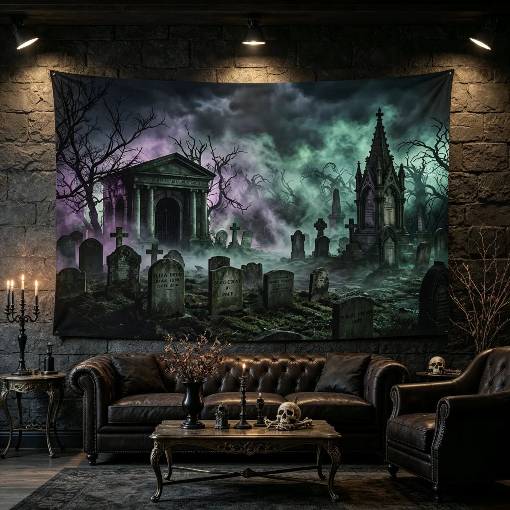 1PC Tombstone Graveyard Fog Halloween Print Backdrop Banner, Bedroom Photo Background, Polyester, Halloween Party Decoration
