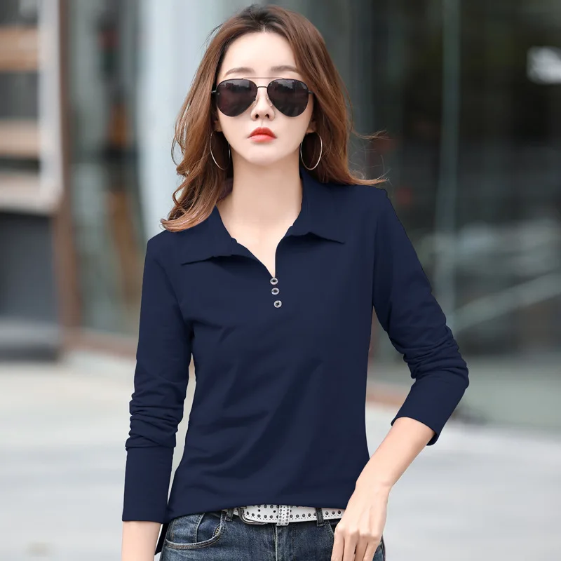 Spring and Autumn Long Sleeve Women\'s T-shirt Polo Bottom Shirt Women\'s Casual Lapel Body Shirt with Collar Ladies T-Shirt Tops