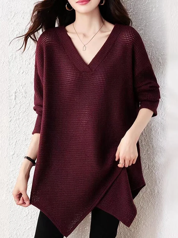 Elegant V-neck Cover-up Loose Midi Length Belly Covering Women's Top Autumn Fashion plus Size Casual Style Polyester Long Sle...