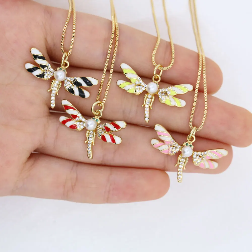 Fashion Exquisite Enamel Zircon Imitation Pearl Insect Animal Dragonfly Pendant Necklace Women Gift First Choice