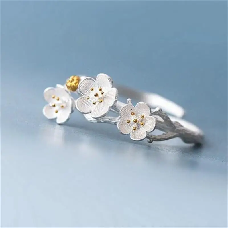 XIYANIKE New Silver Color Jewelry Adjustable Ring Cherry Blossom Fashion Summer Branch Gold Flowers Rings For Women VRS2089