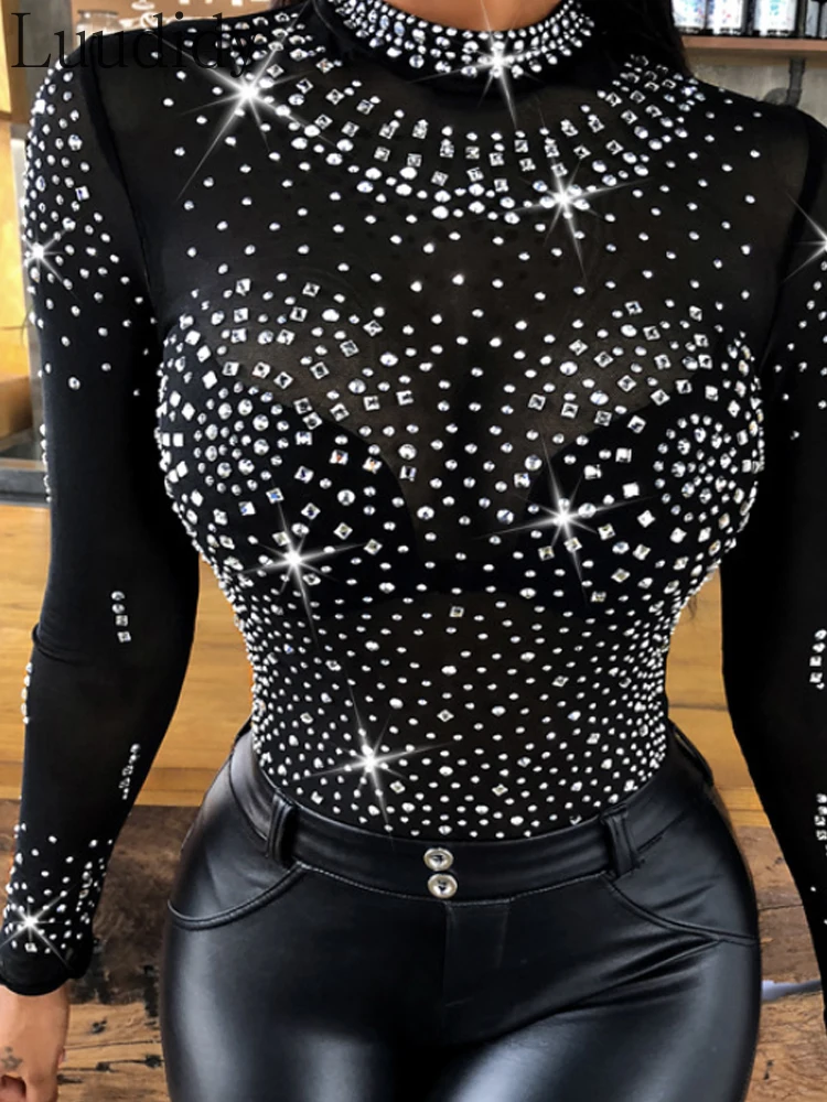 Rhinestone Sheer Mesh Bodysuit Slim Fit Round Neck Long Sleeves Bodysuit