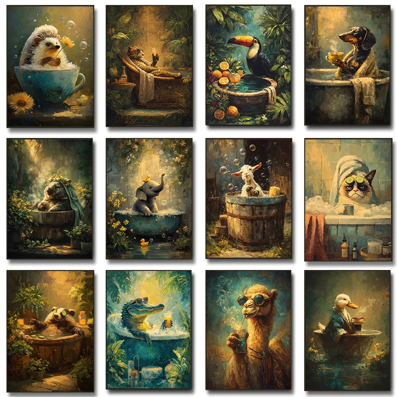Relaxing Funny Animals Spa Tub Posters Dachshund Chipmunk Llama Tea Time Prints Canvas Painting Wall Art Picture Home Room Decor