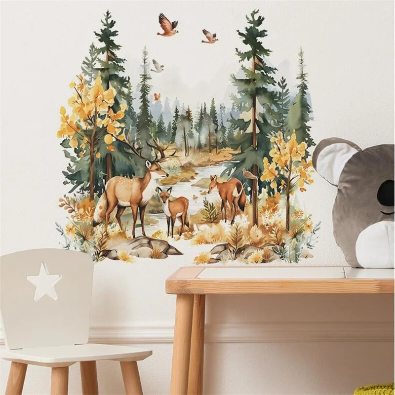 Cartoon Deer Forest Wall Sticker Kids Room Bedroom Background Decor Wallpaper Living Room Home Decoration Self-adhesive Decals