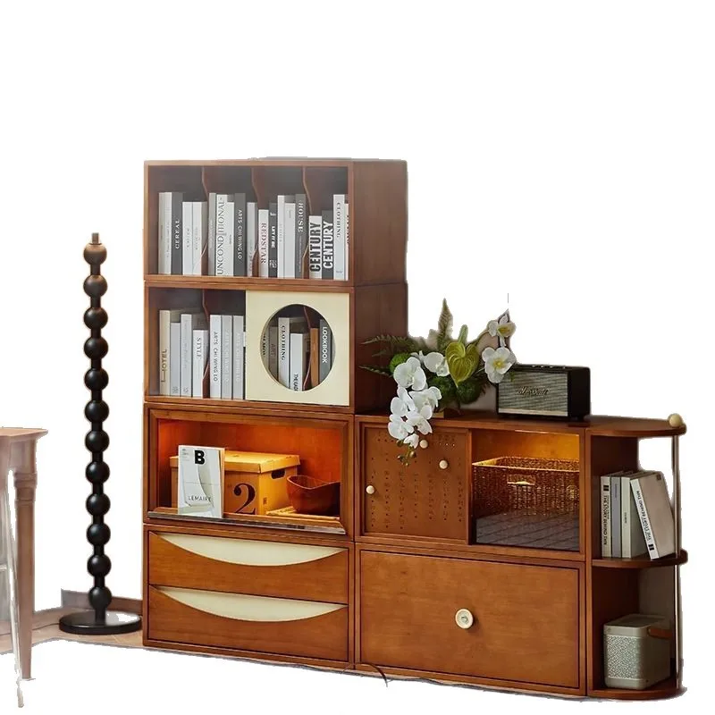 wood bookcase free combination storage display cabinet small apartment living room floor TV cabinet dining side locker