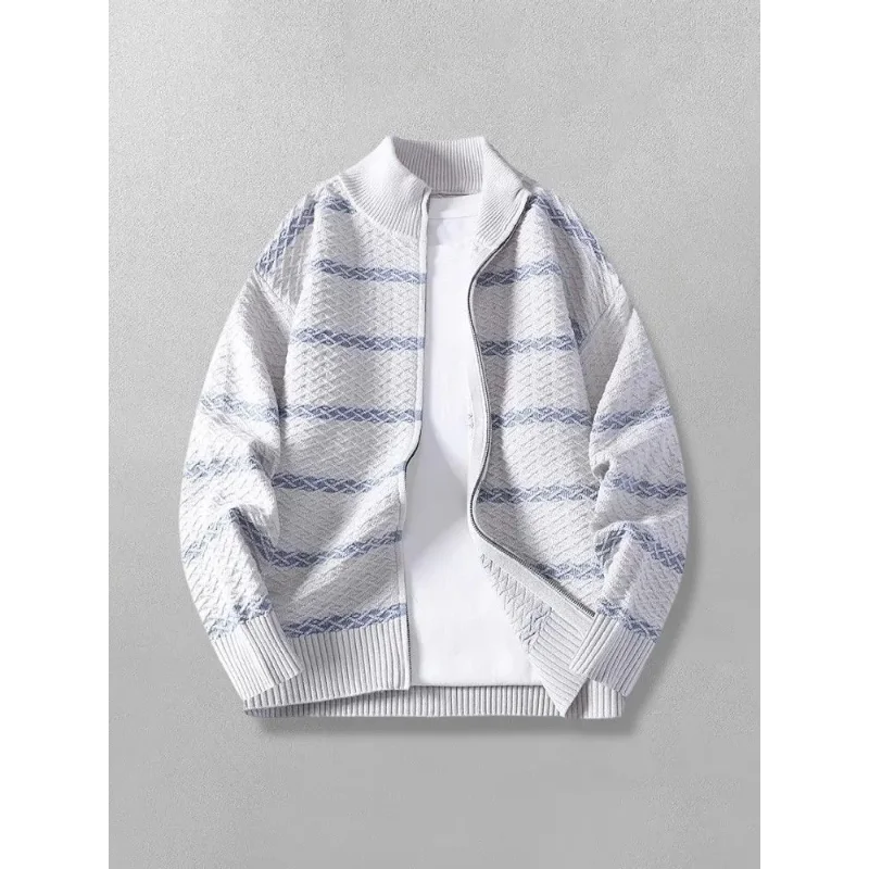 

Мужской осенний свободный повседневный свитер в американском стиле в полоску в стиле ретро с воротником-стойкой, лоскутный трикотаж, универсальный свободный кардиган, куртка