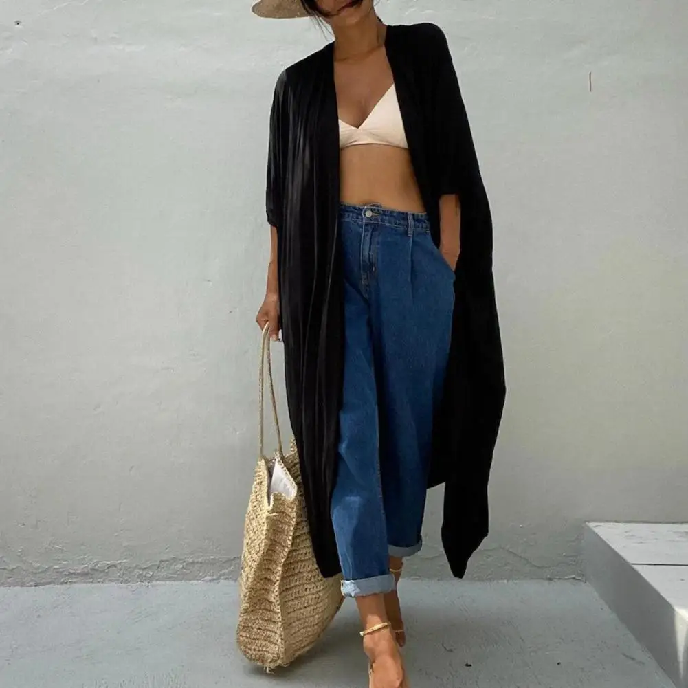 Women Beach Cover Up Cardigan Lady Girls V-neck Half Sleeve Quick-Drying Loose Fit Swimwear Beachwear Bathing Suit Robe
