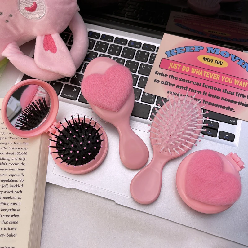 Portable Mini Pink Plush Heart Hair Comb Hair Salon Hairdressing Massage Folding Hair Brush Air Cushion Comb Makeup Beauty Tools