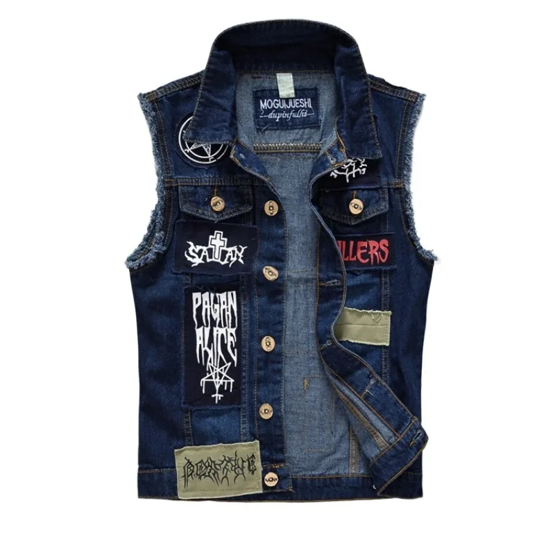 Original Version of Slim-fit Trendy Men's Patch Denim Vest Men's Large-size Locomotive Foreign Trade Sticker Personalized Vest