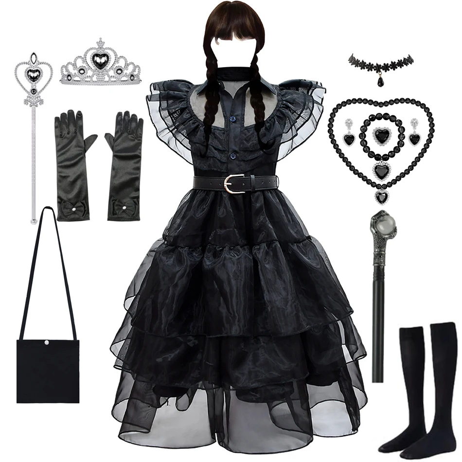 

Adams Costume Girl Black Dress for Kids Halloween Cosplay Dresses Gothic Vestidos Kids Carnival Dress