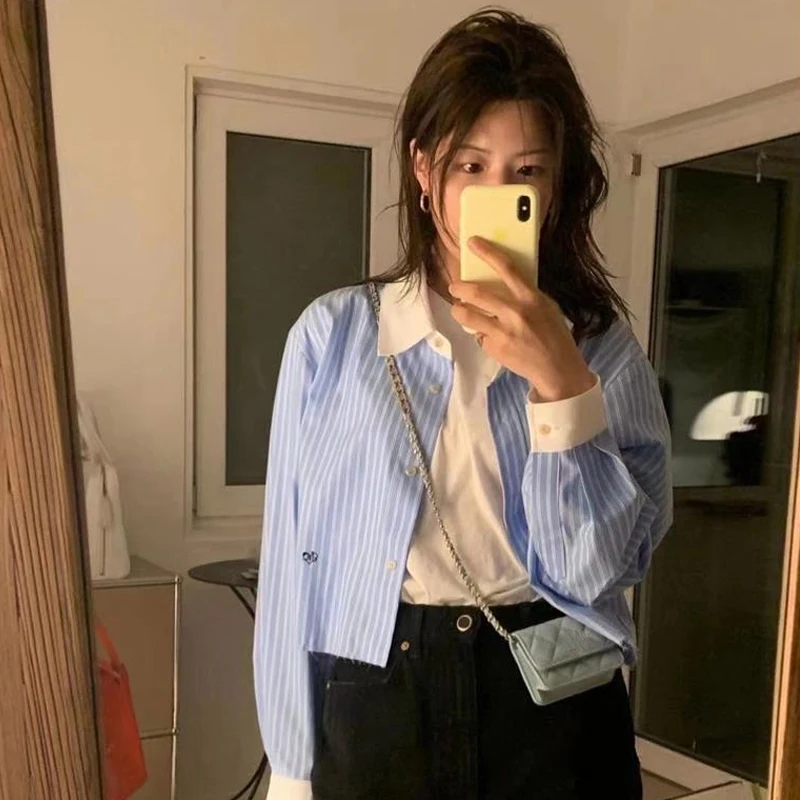 

Chic Autumn Women's ort Svel irt Striped Long Sve irt Vintage Sle Button up Korean Faion Casual Top