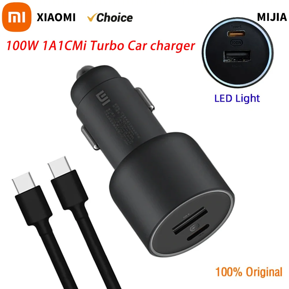 Xiaomi Mi Car Charger 100W MAX 1A1C Fast Charging Dual-port USB-A USB-C Smart Device Fully Compatible With Light Effect Display
