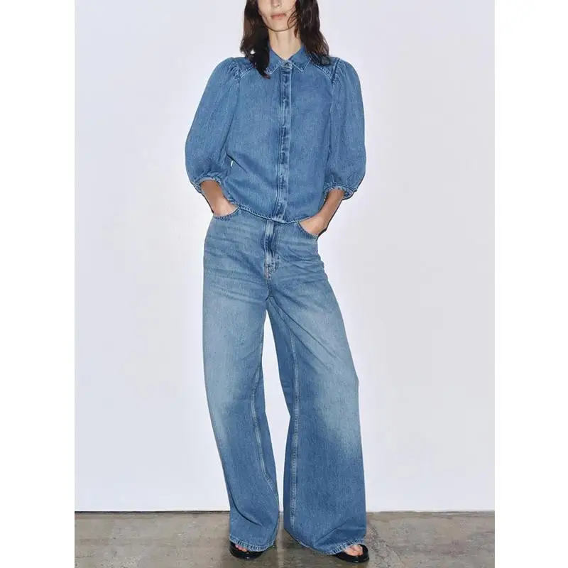 جينز صيفي بياقة منتفخة Sve Denim irt عالي الخصر وواسع الساق بتصميم بسيط جينز نسائي غير رسمي من Faion ort Sve irt