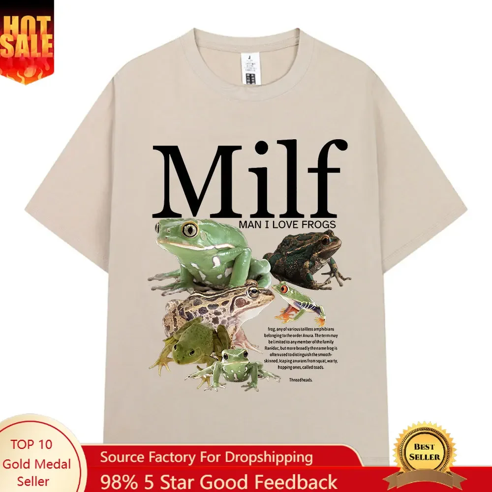 MILF Man I Love Frogs T Shirt Funny Frog Amphibian Lovers Vintage T-shirts Men Cotton Oversized Short Sleeve T-shirt Streetwear