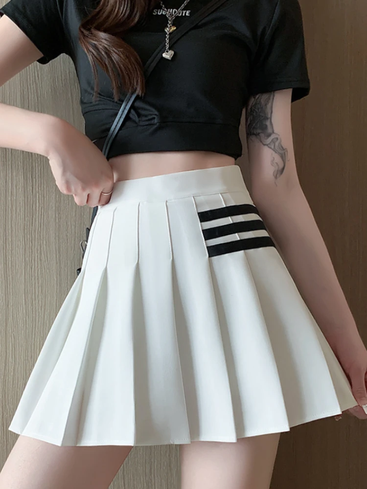 Black Pleated Skirt Summer Women's A-line High Waisted Slim Mini Skirt Korean Fashion Versatile Stripes Preppy Style Short Skirt