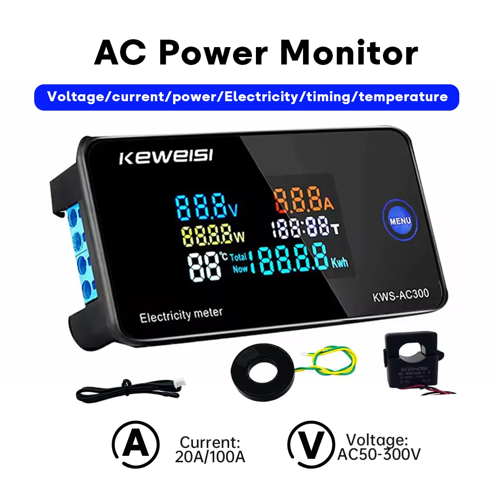 

KWS-AC300 Power Energy Meter AC 50-300V Voltmeter Ammeter LED Digital AC Wattmeter Electric Meter with Reset Function 0-100A