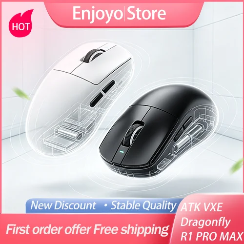 Mouse Gamer Sem Fio ATK VXE Dragonfly R1 PRO MAX NearLink 2.4G Bluetooth PAW3395 Leve Ergonômico de Modo Triplo para PC