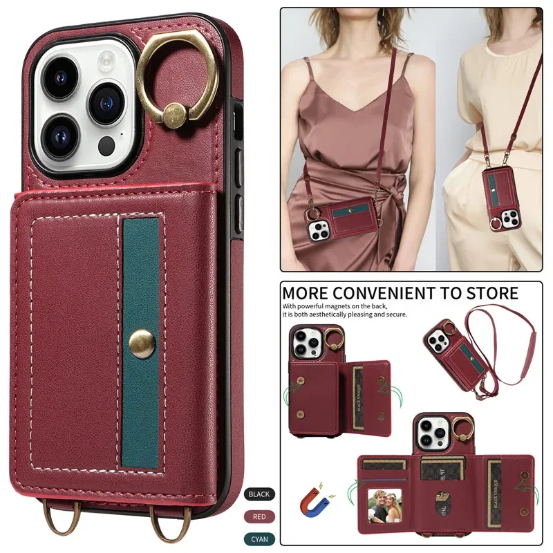 Ring Crossbody Leather Wallet Card Phone Case For Samsung Galaxy A25 A15 A05S A54 A34 A24 A14 A53 A33 A13 A52 Lanyard Flip Cover