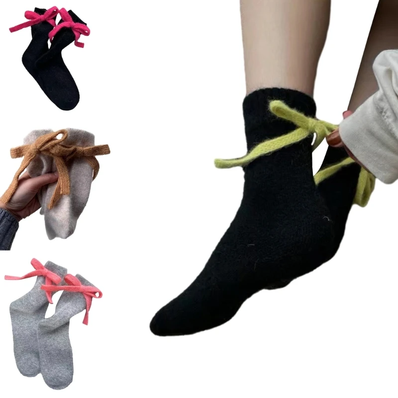 Women's Fuzzy Socks,Ballet Bows Above Ankle Socks Sweet Middle Tube Socks Lolitas Loose Socks