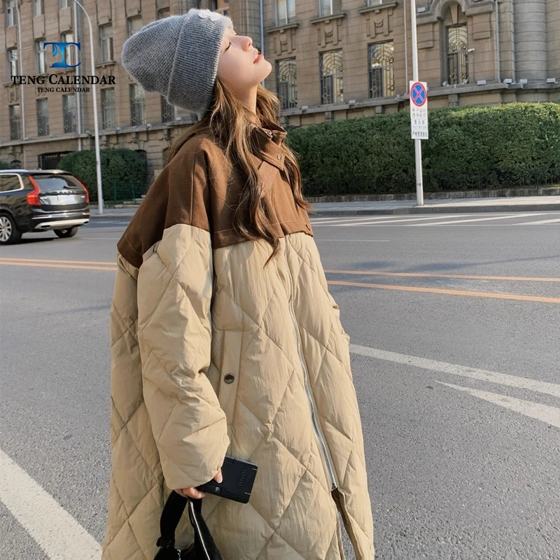 Fashionable Down Jacket with Contrasting Color Design, Long Loose Diamond Grid White Duck Down Jacket, Women's Winter New Style