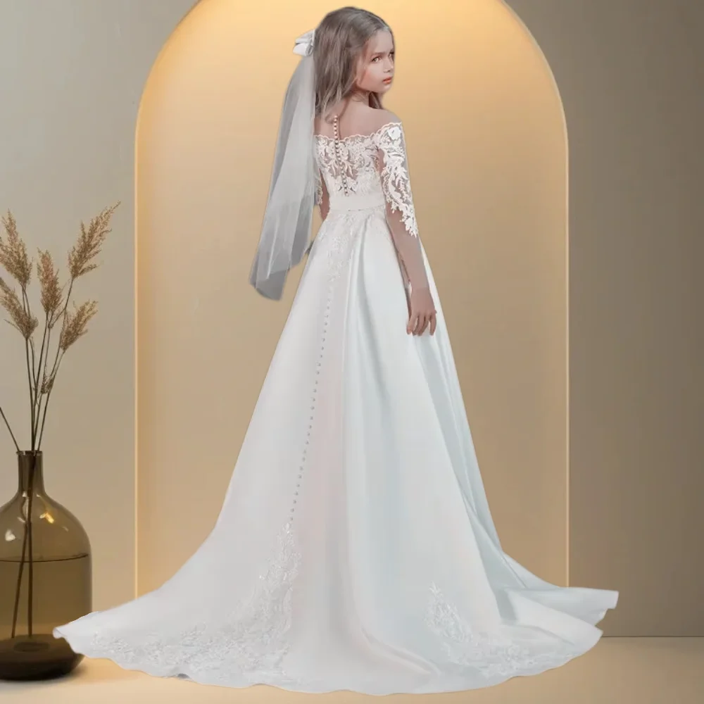 

Elegant White Flower Girl Dress Satin Lace Appliques Tailing Long Sleeves For Wedding Kids Birthday Party Banquet Princess Gowns