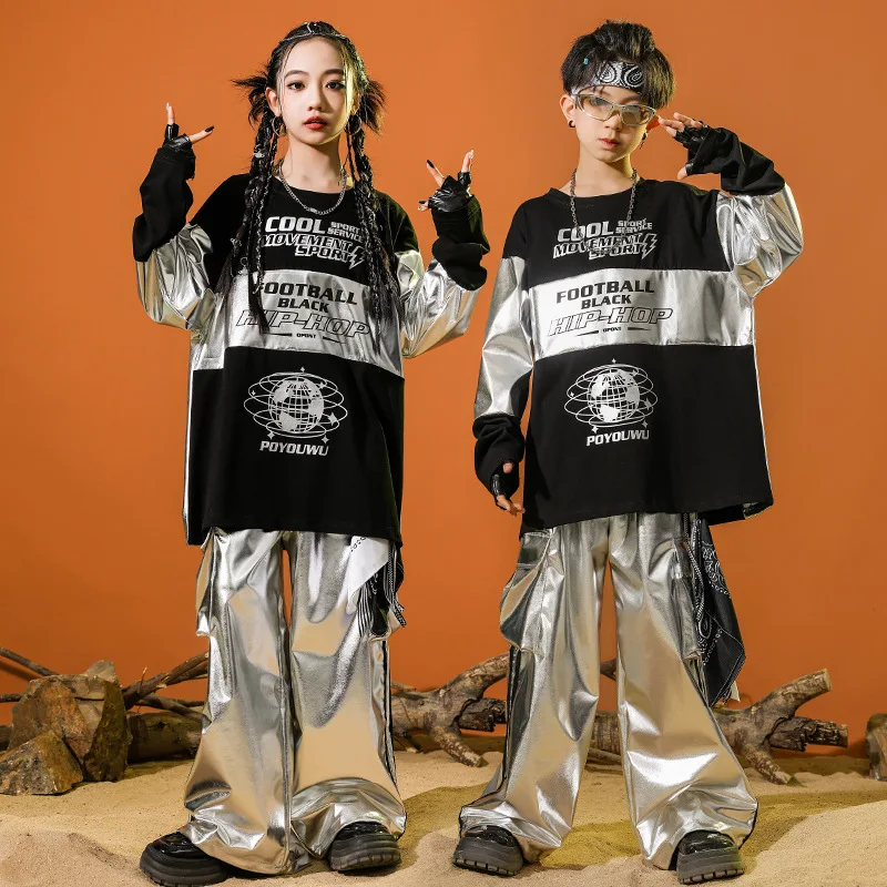 Hip hop meninos azul sweatershirt calças do plutônio meninas casaco de dança rua calças jeans conjuntos roupas crianças streetwear criança jazz traje