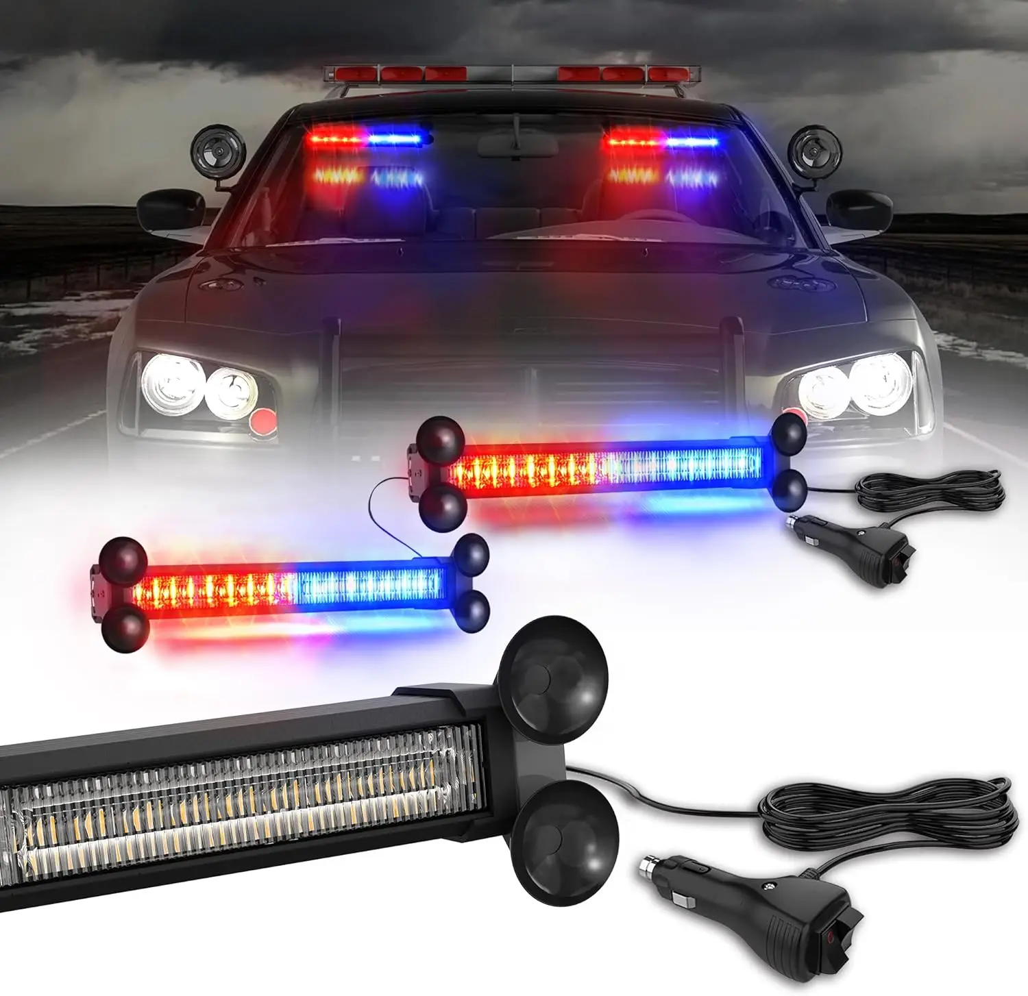 

Emergency LED Strobe Traffic Advisor Light Bar, 2x12in, Red Blue, Windshield Hazard Warning Light with Suction Cups for Trucks