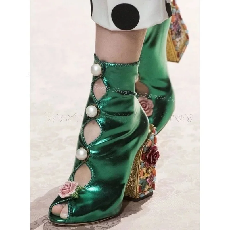 

Appliques Pearl Decor Green Peep Toe Sandals Boots Slip On Women Shoes Chunky High Heels Fashion Party 2025 Zapatos Para Mujere