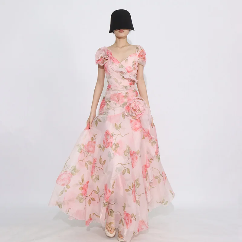 Francuska Sukienka Wakacyjna Elegancka Codzienna Letnia Plażowa Dekolt V Bufiaste Rękawy Kwiatowy Wzór 3D Modny Nadruk Wysoki Stan Linia A Długa Sukienka Damska