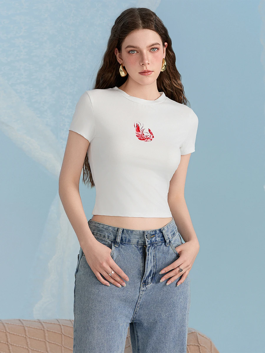 Women T-shirt Crew Neck Short Sleeve Fish Shrimp Print Slim Fit Summer Tops Streetwear